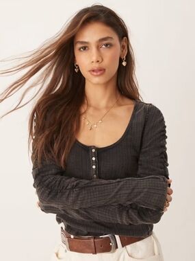 NWT Free People Ruched Sleeve Pointelle Henley Top In Washed Black - XS